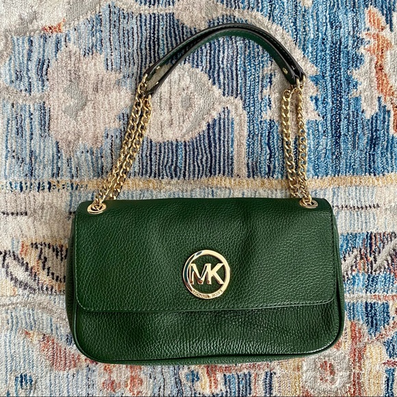 Michael Kors Genuine Leather Hunter Green Shoulder Bag with Gold Accents - Picture 3 of 14